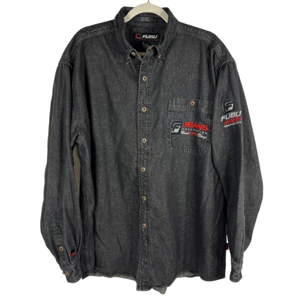 Vintage FUBU The Collection Black/Gray Denim Shirt‎ XL Embroidered Logo 90s Y2K